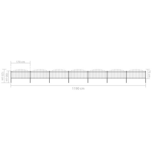 Gartenzaun mit Speerspitzen Stahl (0,5 - 0,75) x 11,9 m Schwarz