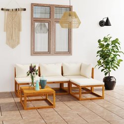 5-tlg. Garten-Lounge-Set mit Auflagen Creme Massivholz...