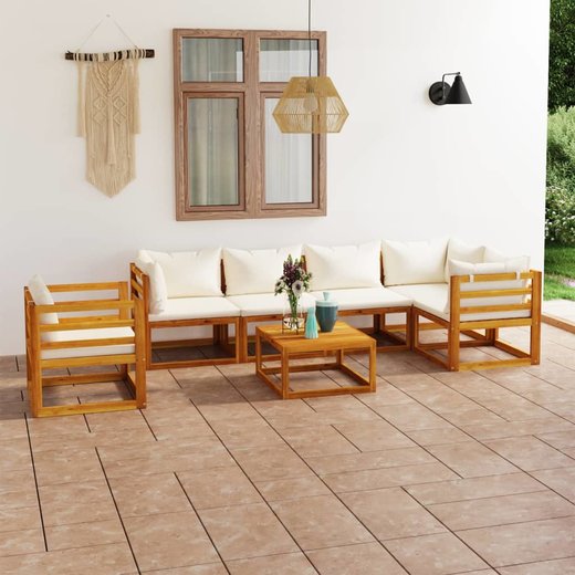 7-tlg. Garten-Lounge-Set mit Auflagen Creme Massivholz Akazie