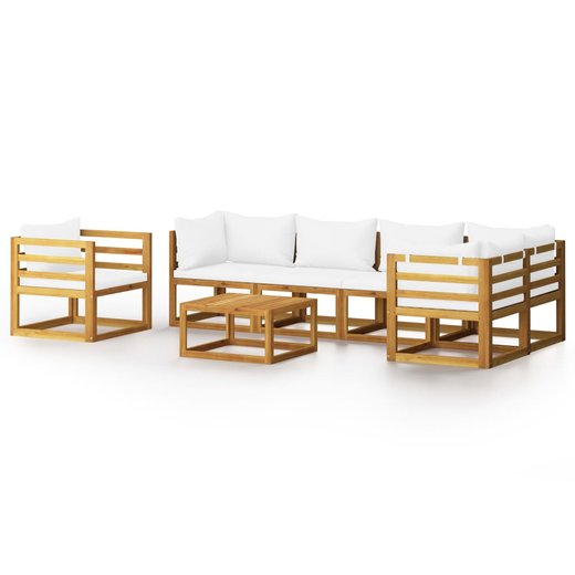 7-tlg. Garten-Lounge-Set mit Auflagen Creme Massivholz Akazie