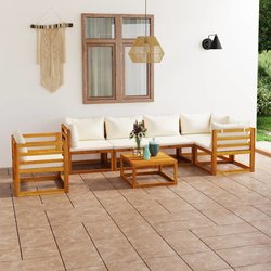 7-tlg. Garten-Lounge-Set mit Auflagen Creme Massivholz...