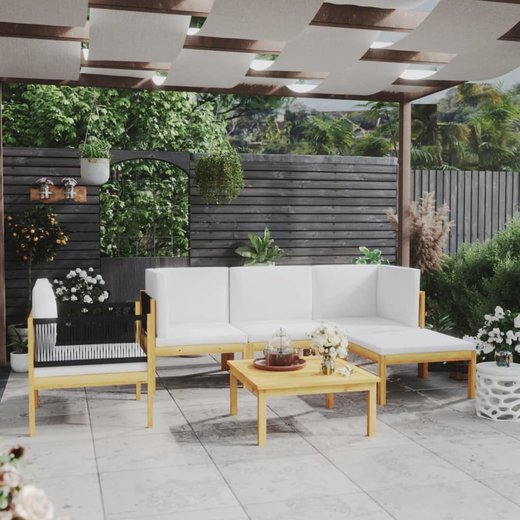 6-tlg. Garten-Lounge-Set mit Kissen Cremewei Massivholz Akazie