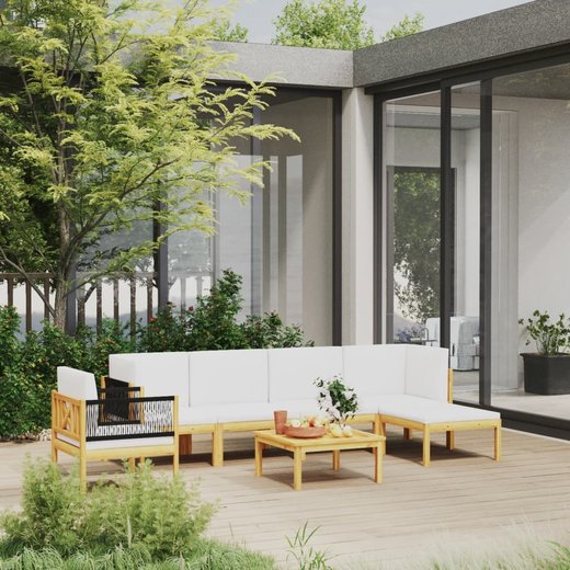 7-tlg. Garten-Lounge-Set mit Kissen Cremewei Massivholz Akazie
