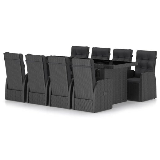 9-tlg. Garten-Essgruppe mit Auflagen Poly Rattan Schwarz