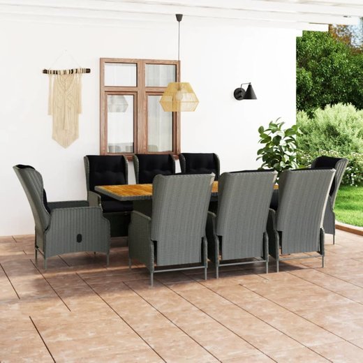 9-tlg. Garten-Essgruppe mit Auflagen Poly Rattan Hellgrau