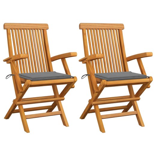 Gartensthle mit Grauen Kissen 2 Stk. Massivholz Teak