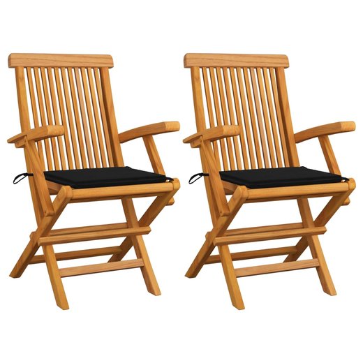 Gartensthle mit Schwarzen Kissen 2 Stk. Massivholz Teak