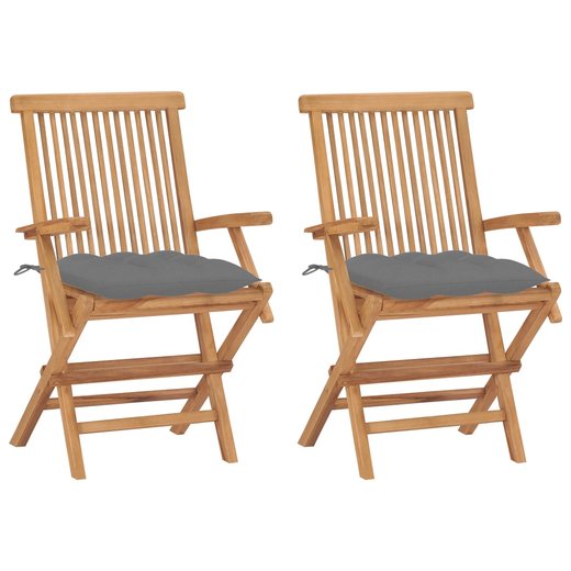 Gartensthle mit Grauen Kissen 2 Stk. Massivholz Teak
