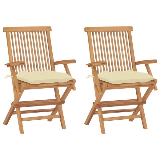 Gartensthle mit Cremeweien Kissen 2 Stk. Massivholz Teak