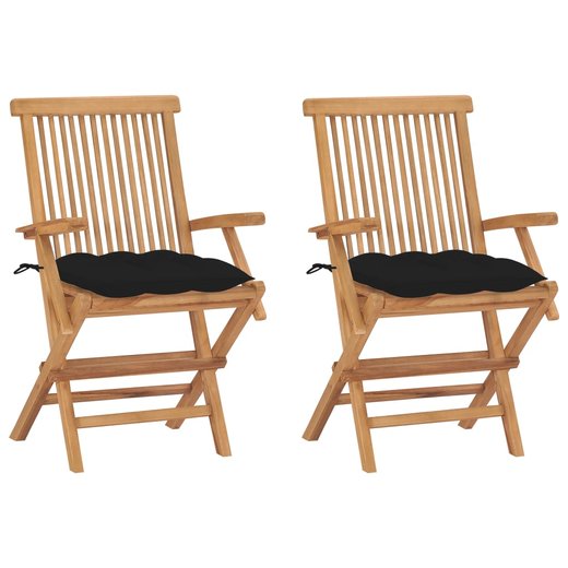 Gartensthle mit Schwarzen Kissen 2 Stk. Massivholz Teak