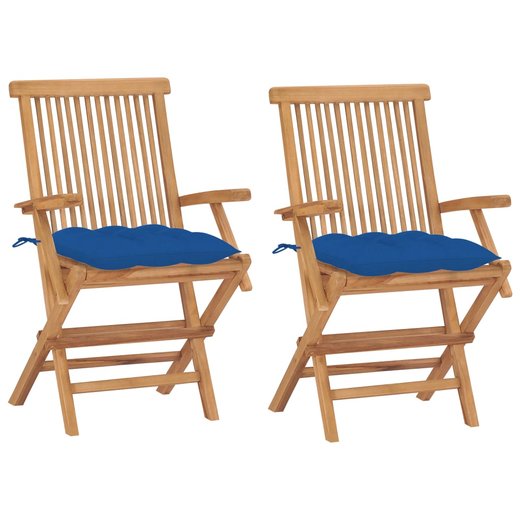 Gartensthle mit Blauen Kissen 2 Stk. Massivholz Teak