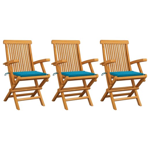 Gartensthle mit Blauen Kissen 3 Stk. Massivholz Teak