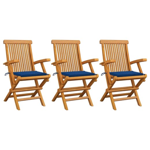 Gartensthle mit Knigsblauen Kissen 3 Stk. Massivholz Teak