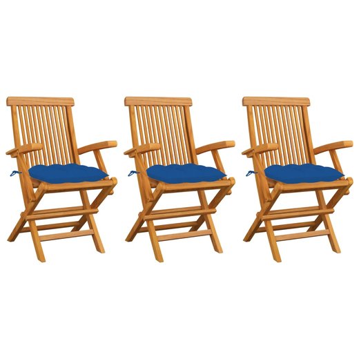 Gartensthle mit Blauen Kissen 3 Stk. Massivholz Teak