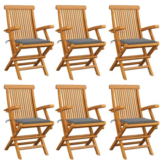 Gartensthle mit Grauen Kissen 6 Stk. Massivholz Teak