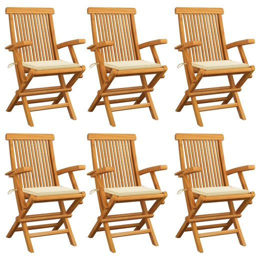 Gartensthle mit Cremeweien Kissen 6 Stk. Massivholz Teak