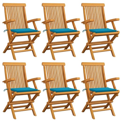 Gartensthle mit Blauen Kissen 6 Stk. Massivholz Teak