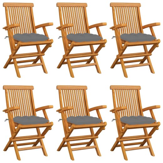 Gartensthle mit Grauen Kissen 6 Stk. Massivholz Teak