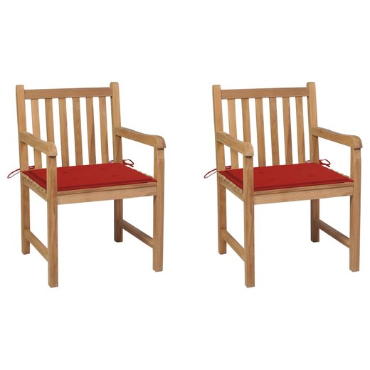 Gartensthle 2 Stk. mit Roten Kissen Massivholz Teak