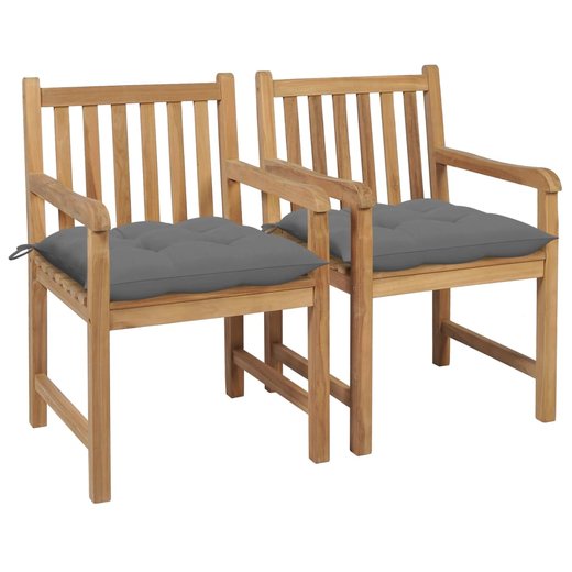 Gartensthle 2 Stk. mit Grauen Kissen Massivholz Teak