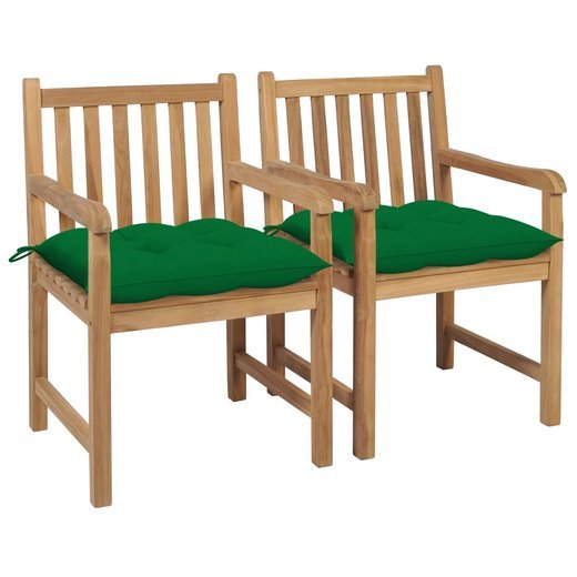 Gartenst�hle 2 Stk. mit Gr�nen Kissen Massivholz Teak