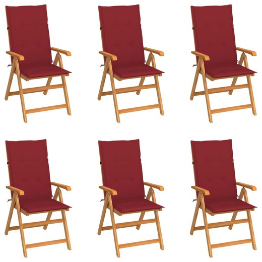 Gartensthle 6 Stk. mit Weinroten Kissen Massivholz Teak