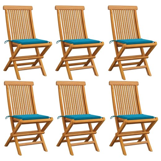Gartensthle mit Blauen Kissen 6 Stk. Massivholz Teak