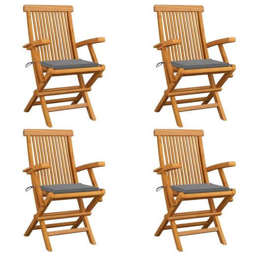 Gartensthle mit Grauen Kissen 4 Stk. Teak Massivholz