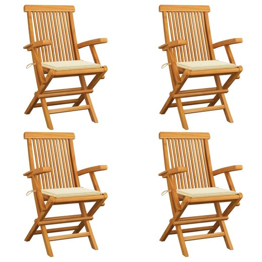 Gartensthle mit Cremeweien Kissen 4 Stk. Teak Massivholz