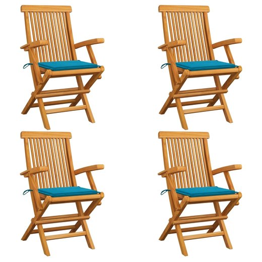 Gartensthle mit Blauen Kissen 4 Stk. Teak Massivholz