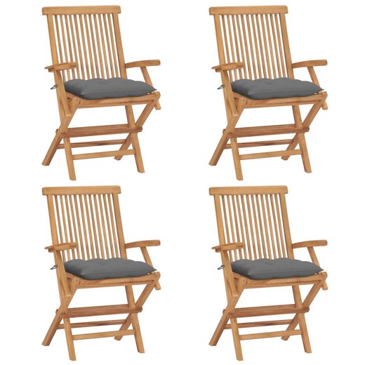 Gartensthle mit Grauen Kissen 4 Stk. Massivholz Teak