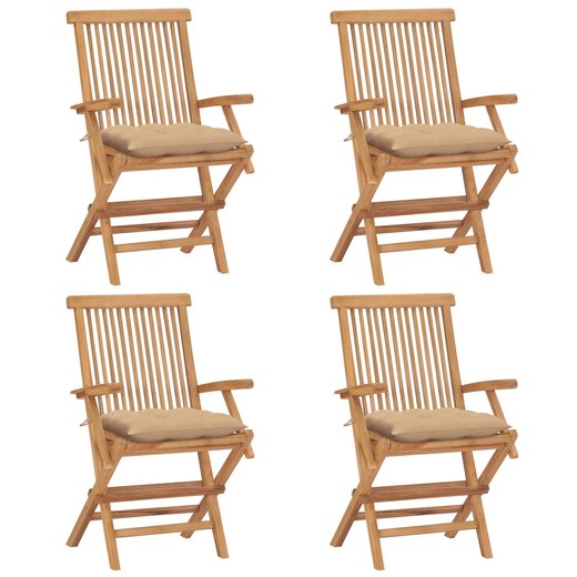 Gartensthle mit Beige Kissen 4 Stk. Massivholz Teak
