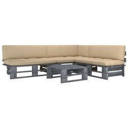 4-tlg. Paletten-Lounge-Set mit Kissen Grau Kiefer...