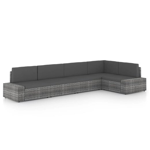 5-tlg. Garten-Lounge-Set mit Kissen Grau Poly Rattan