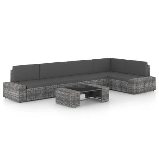 6-tlg. Garten-Lounge-Set mit Kissen Grau Poly Rattan