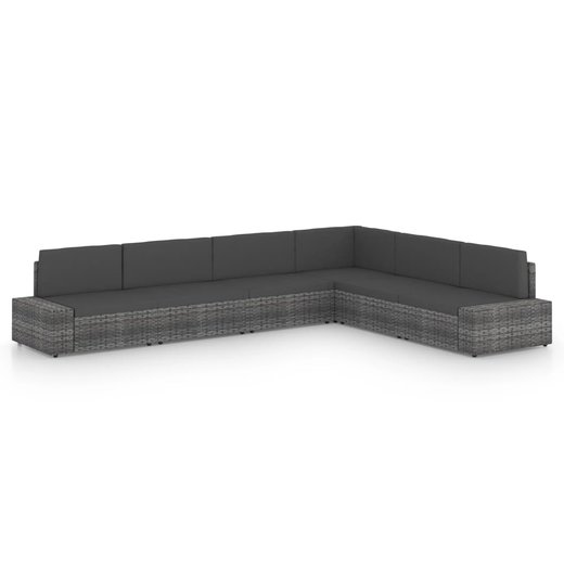 6-tlg. Garten-Lounge-Set mit Kissen Grau Poly Rattan