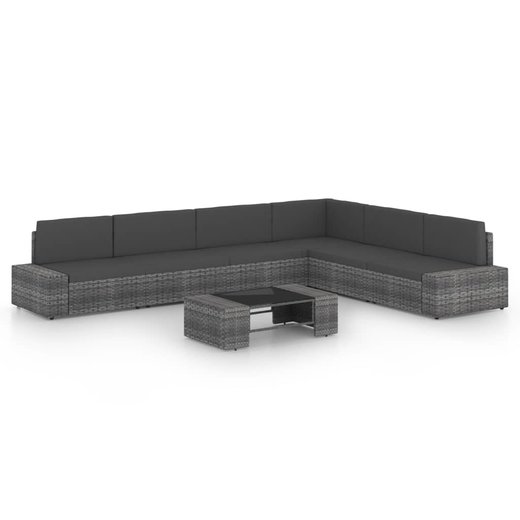 7-tlg. Garten-Lounge-Set mit Kissen Grau Poly Rattan