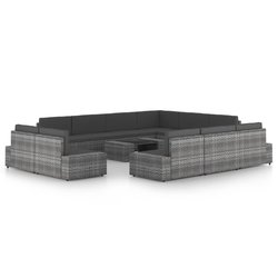12-tlg. Garten-Lounge-Set mit Kissen Grau Poly Rattan