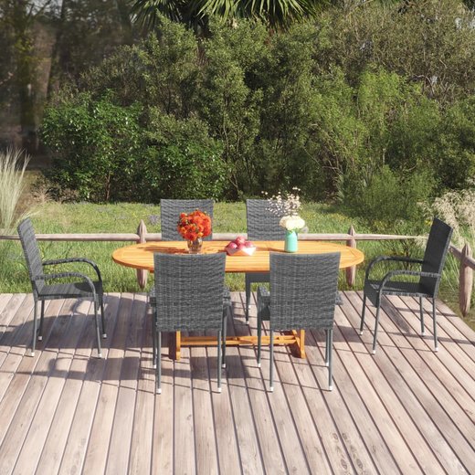 7-tlg. Garten-Essgruppe Poly Rattan Grau