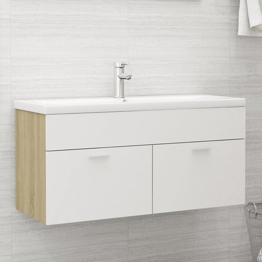 Waschbeckenunterschrank mit Einbaubecken Wei und Sonoma-Eiche