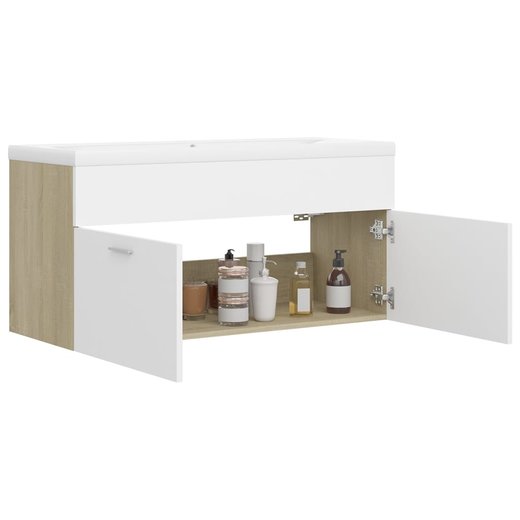 Waschbeckenunterschrank mit Einbaubecken Wei und Sonoma-Eiche