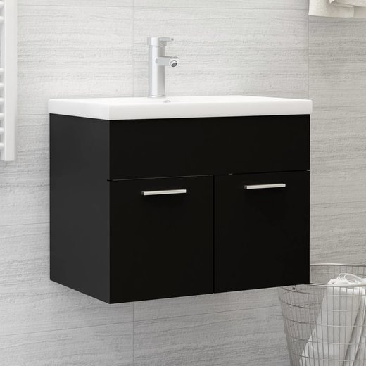 Waschbeckenunterschrank mit Einbaubecken Schwarz Spanplatte