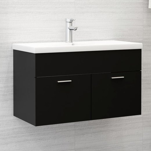 Waschbeckenunterschrank mit Einbaubecken Schwarz Spanplatte