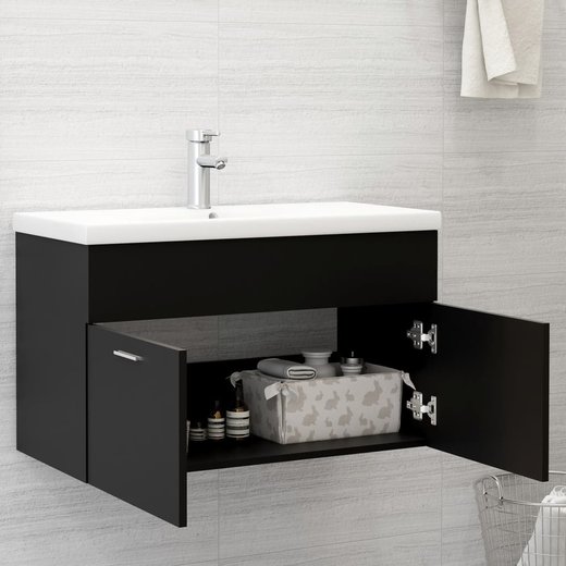 Waschbeckenunterschrank mit Einbaubecken Schwarz Spanplatte