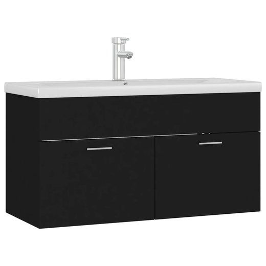 Waschbeckenunterschrank mit Einbaubecken Schwarz Spanplatte