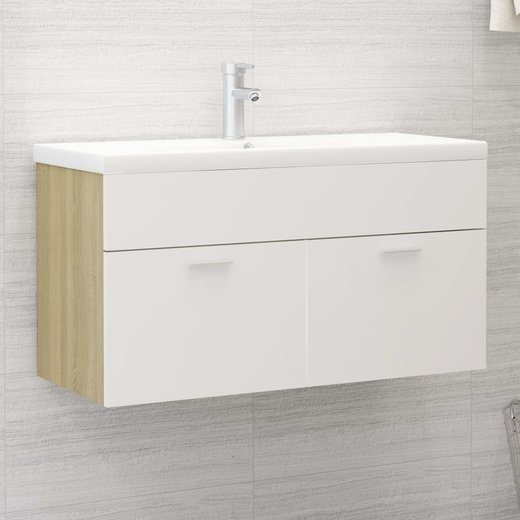 Waschbeckenunterschrank mit Einbaubecken Wei und Sonoma-Eiche