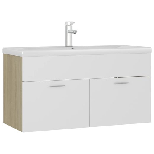Waschbeckenunterschrank mit Einbaubecken Wei und Sonoma-Eiche