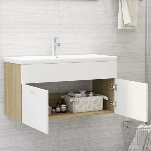Waschbeckenunterschrank mit Einbaubecken Wei und Sonoma-Eiche