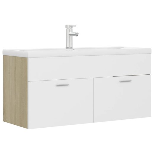 Waschbeckenunterschrank mit Einbaubecken Wei und Sonoma-Eiche
