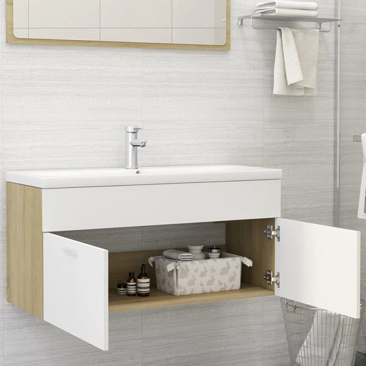 Waschbeckenunterschrank mit Einbaubecken Wei und Sonoma-Eiche